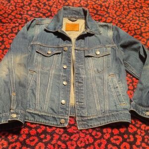 Abercrombie & Fitch dark blue denim jacket with tan leather label